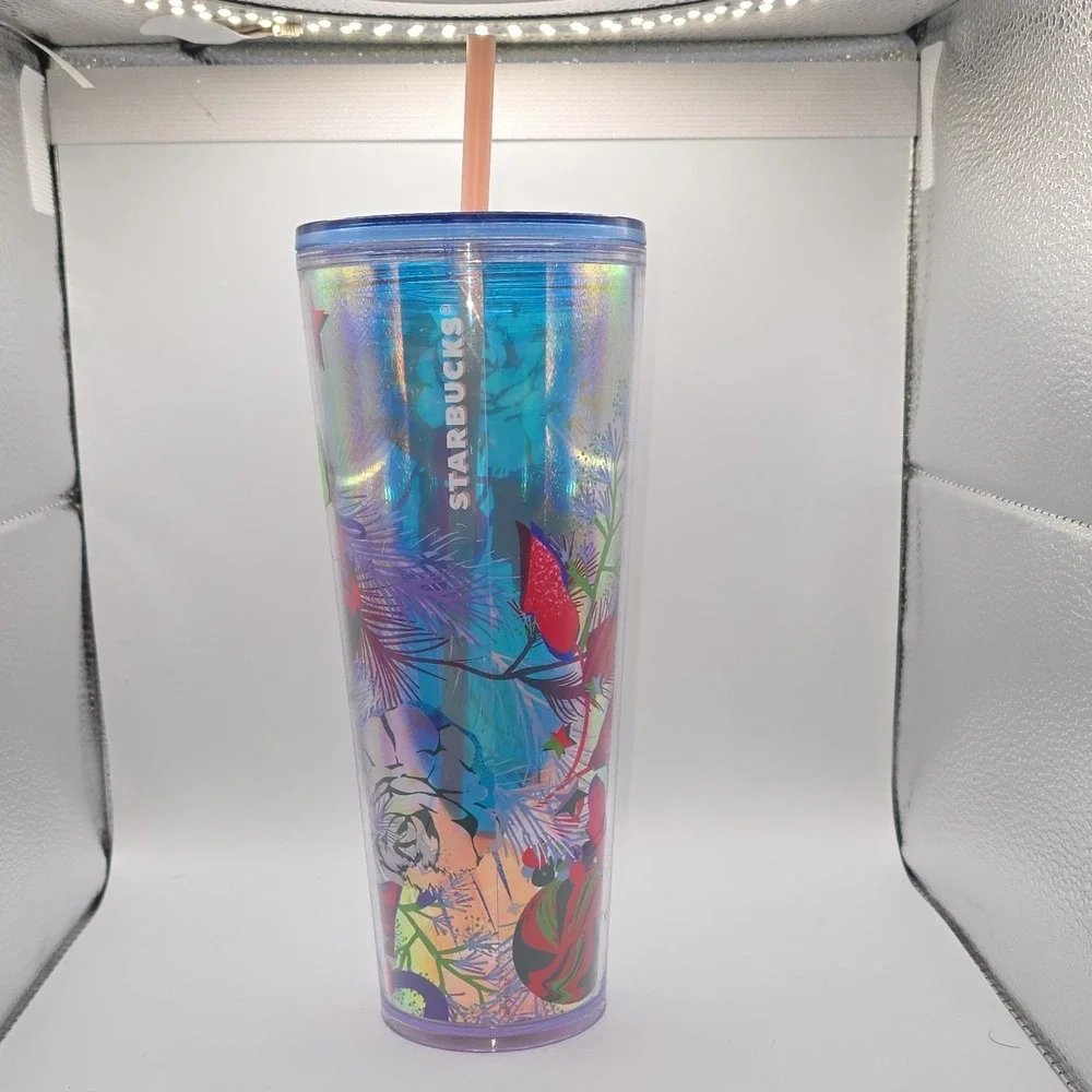 Starbucks‎ Multicolor Floral Iridescent Cup with Straw Coffee & Tea Theme